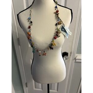 Vintage Tropicana Necklace Silver Wooden Animals Birds Chain Parrot Hearts 14"